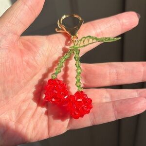 ♥️💖 CHERRIES BAG CHARM Translucent Beaded Red Green and Gold 3” NWOT